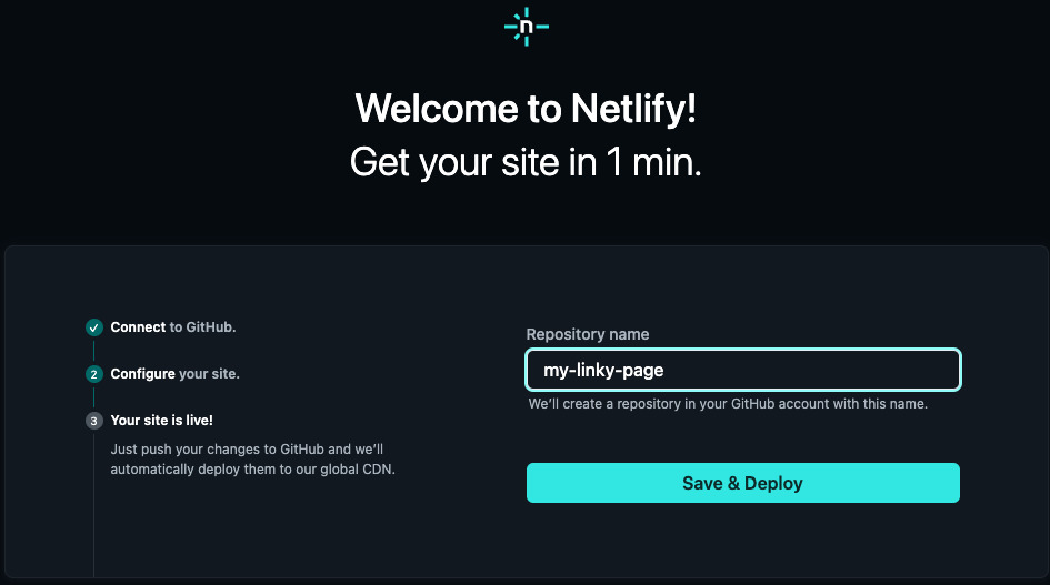 A progress page showing Netlify in the process of deploying a repository named "my-linky-page"