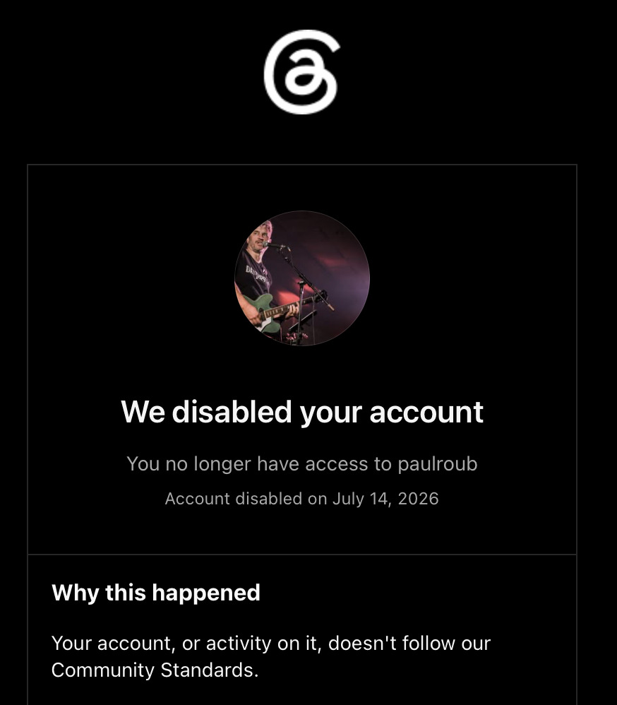 My threads account, disabled without appeal
